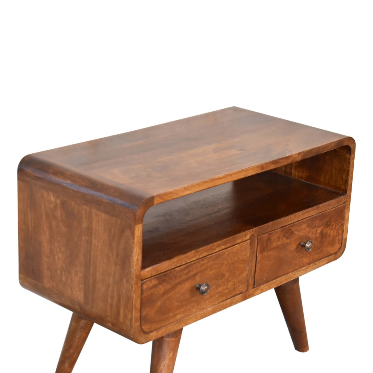Handgemaakt – Mini TV-meubel – mangohout – kastanje – gebogen – 2 lades
