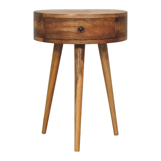 Handgemaakte -Bijzonder nachtkastje – rond – mini – eikenlook – elegant design