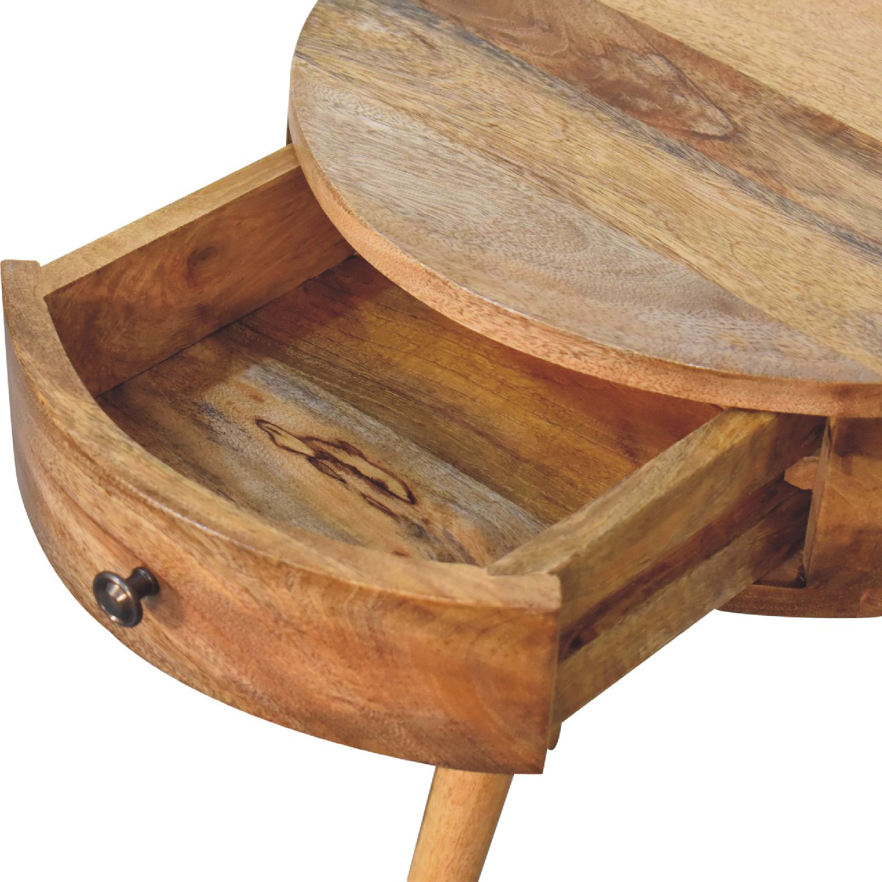 Handgemaakte -Bijzonder nachtkastje – rond – mini – eikenlook – elegant design