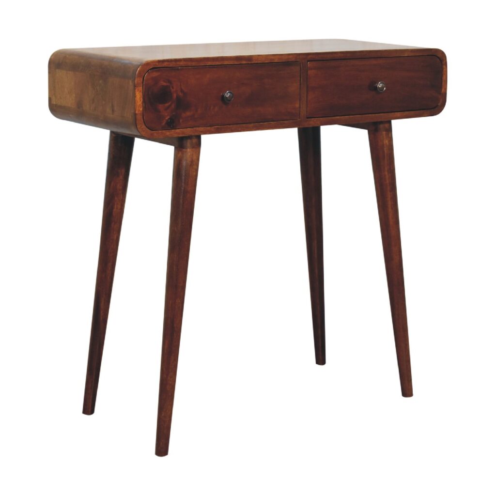 Handgemaakt – Consoletafel – mangohout – kastanje – gebogen – 2 lades