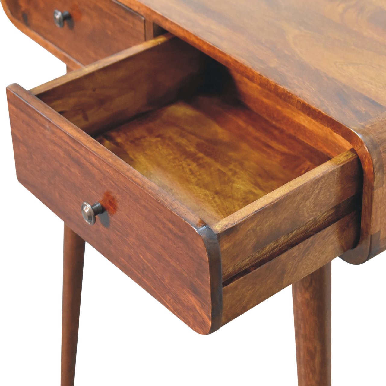 Handgemaakt – Consoletafel – mangohout – kastanje – gebogen – 2 lades