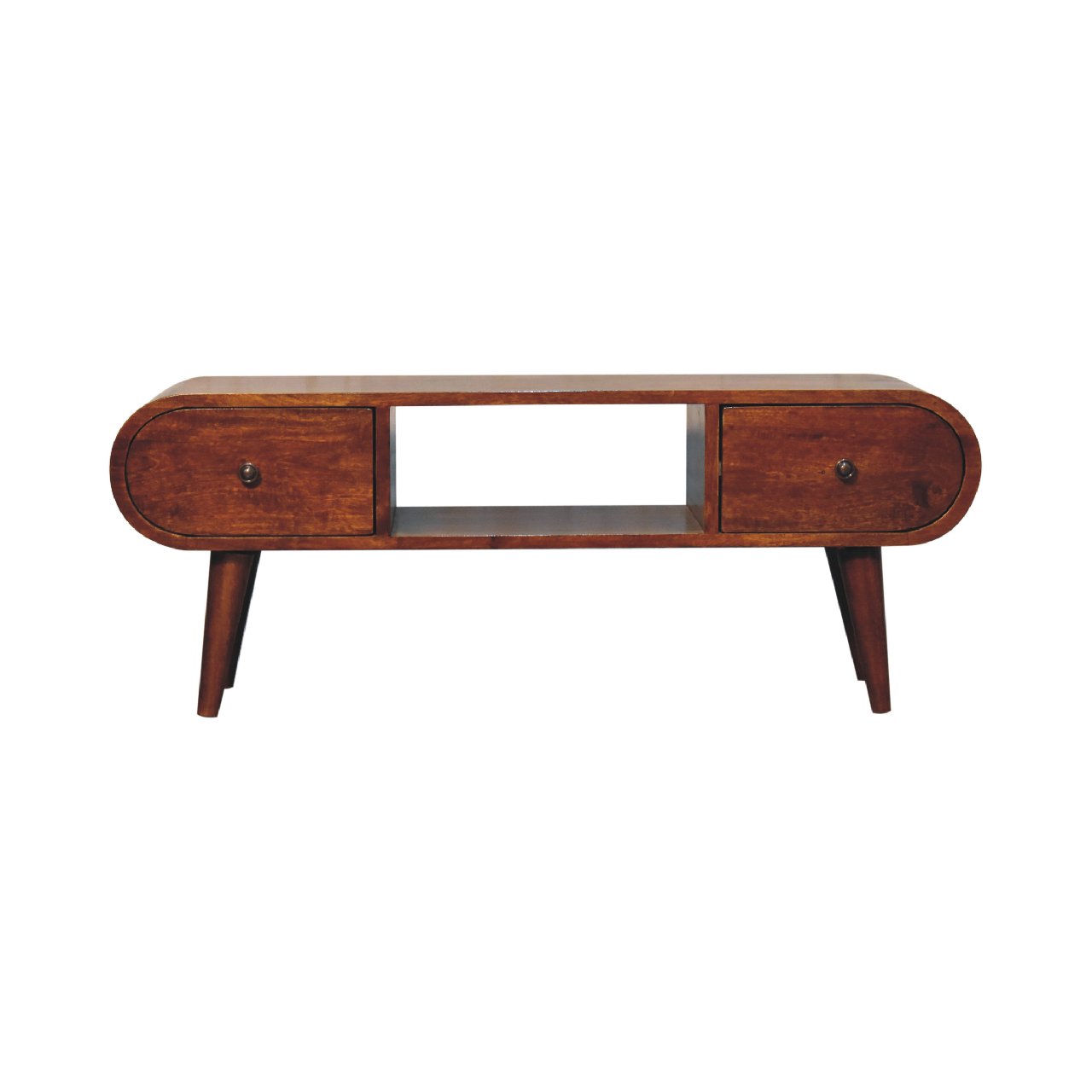 Handgemaakt tv-meubel – mangohout – 2 lades – open vak – 100 cm