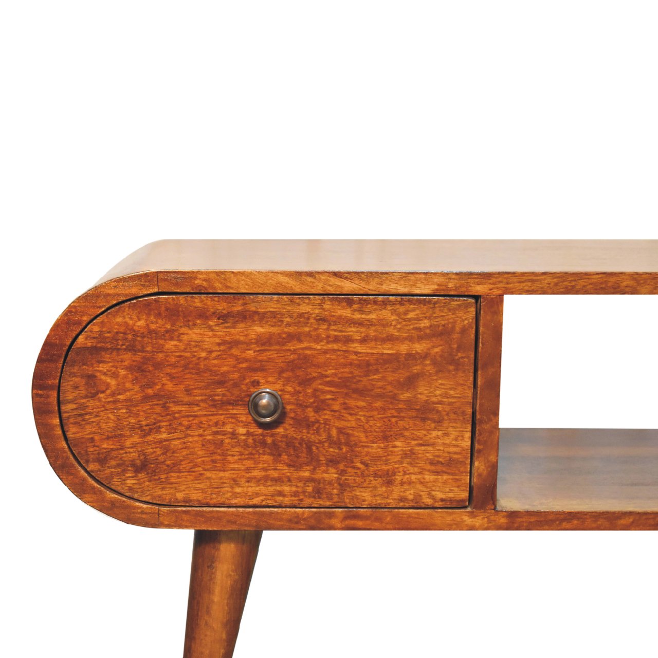 Handgemaakt tv-meubel – mangohout – 2 lades – open vak – 100 cm