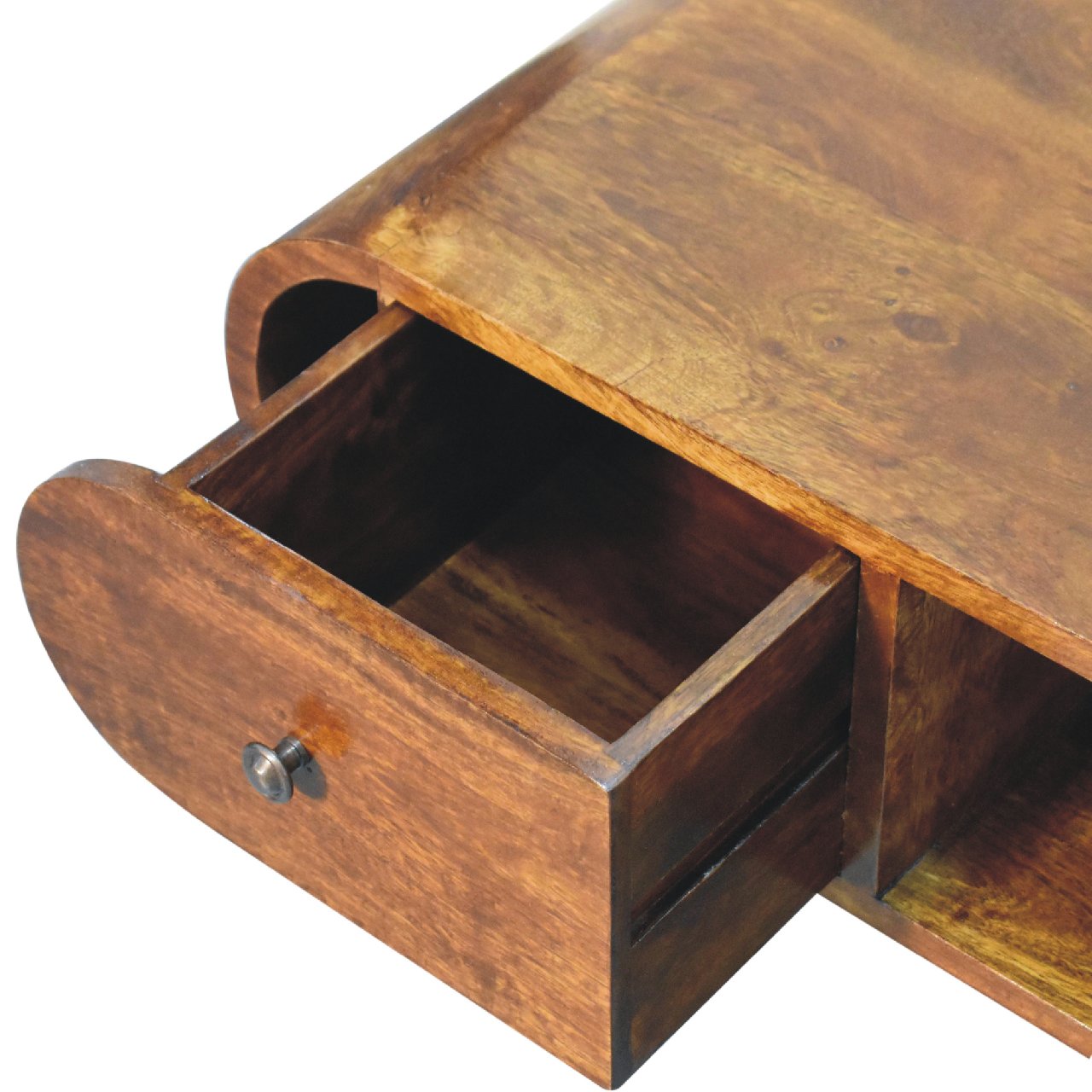 Handgemaakt tv-meubel – mangohout – 2 lades – open vak – 100 cm