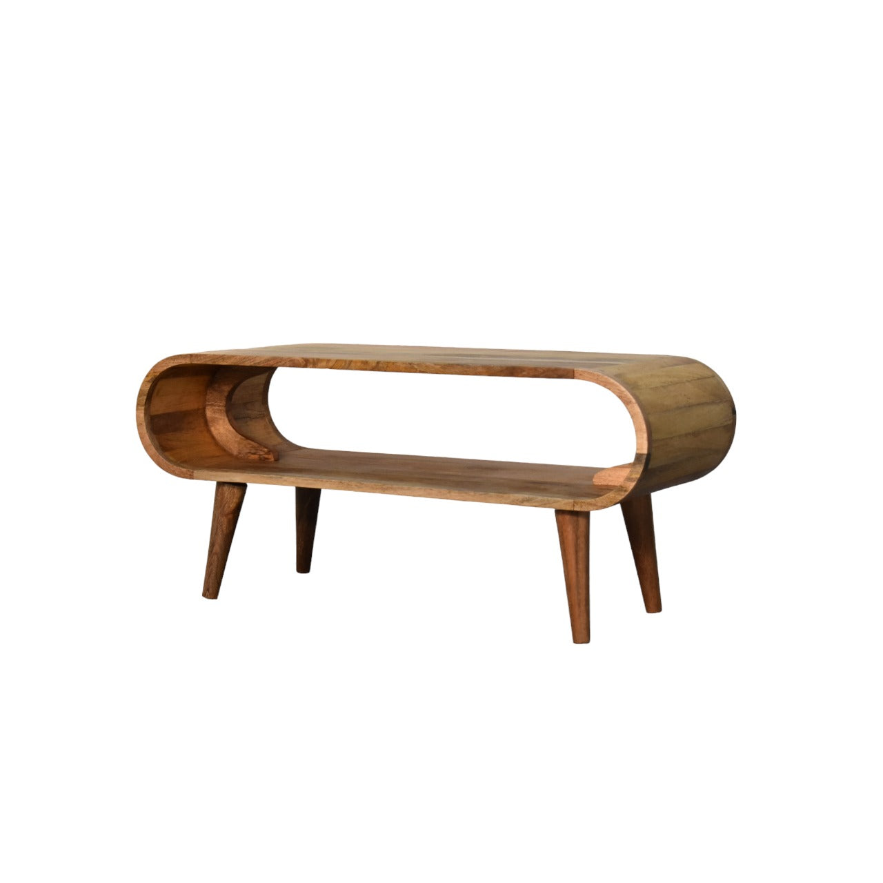 Handgemaakt – Salontafel – mangohout – eikenlook – gebogen – open vak