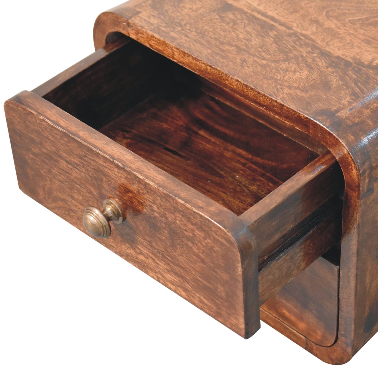 Handgemaakt – Wandnachtkastje – mangohout – gebogen – 2 lades – compact