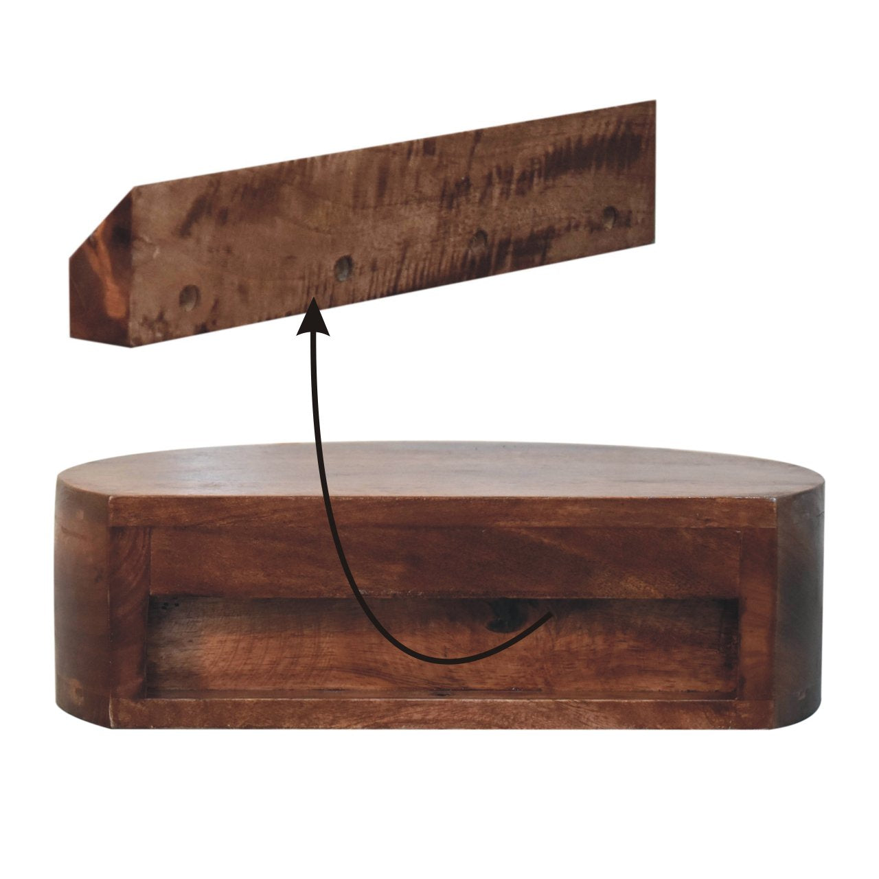 Handgemaakt wandnachtkastje – mangohout – 1 lade – rond ontwerp – 40 cm