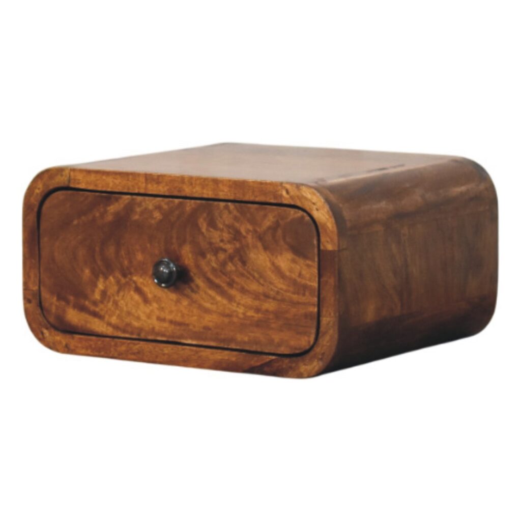 Handgemaakt – Wandnachtkastje – mangohout – kastanje – compact – 1 lade