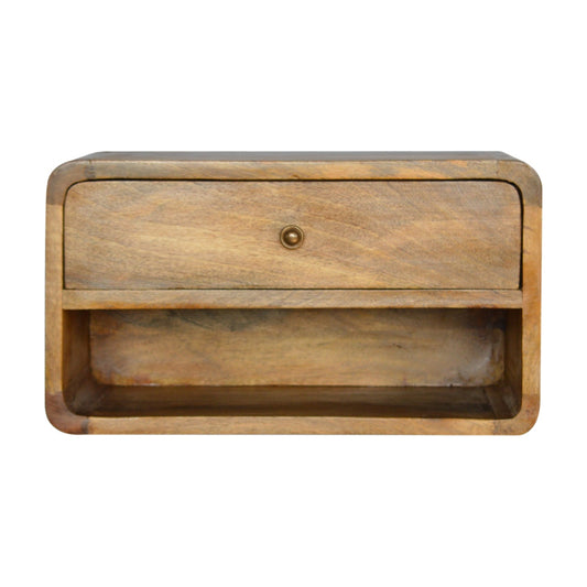 Handgemaakte -Prachtig wandkastje – open vak – rond gebogen front – naturel hout