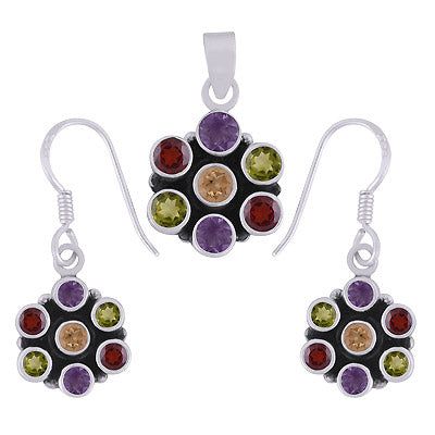 Bloemvormige sieradenset van 925 sterling zilver met amethist, granaat, citrien en peridoot