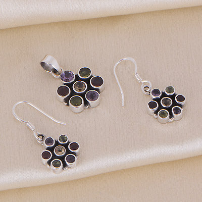 Bloemvormige sieradenset van 925 sterling zilver met amethist, granaat, citrien en peridoot