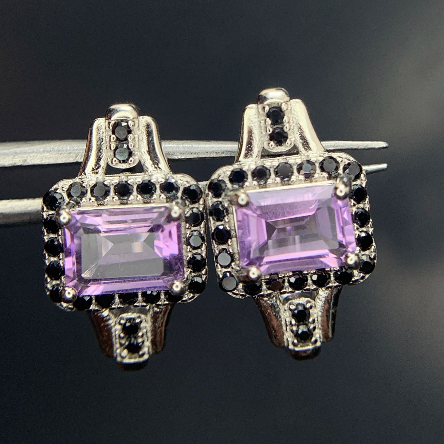 24.84CT Natural Amethyst with Spinel Ear Studs in 925 Silver|Rhodium Plated