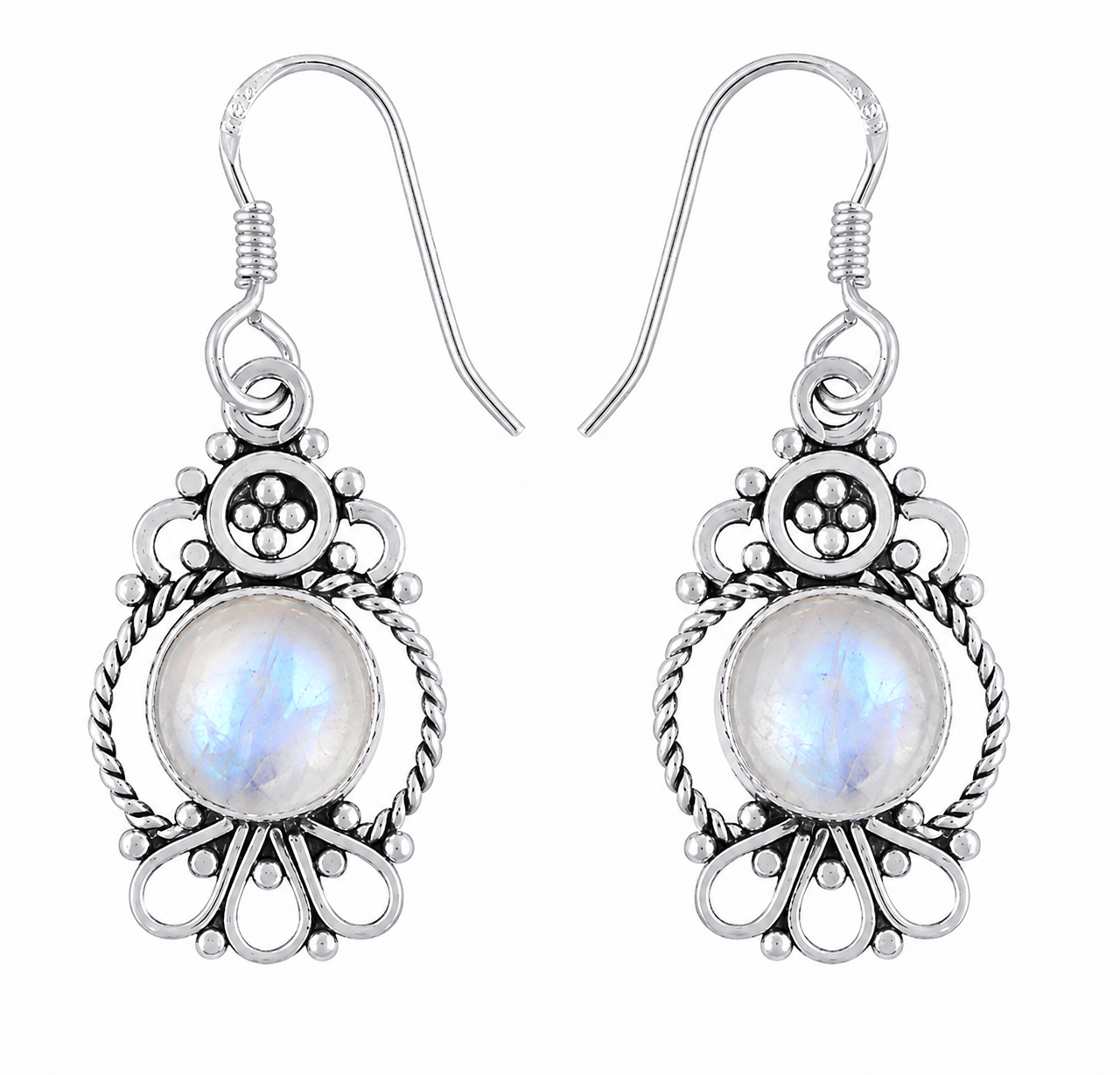 Oorbellen van 925 sterling zilver met ronde regenboogmaansteen, gedraaid draad- en rawawerk