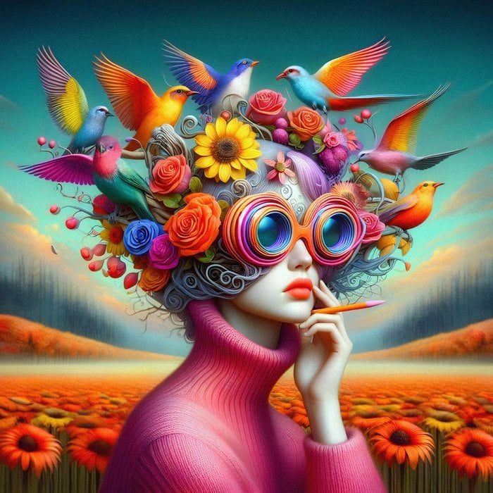 Prachtige Acrylglas Schilderij “Woman with Glasses II” – Vrouw met Bloemen & Vogels