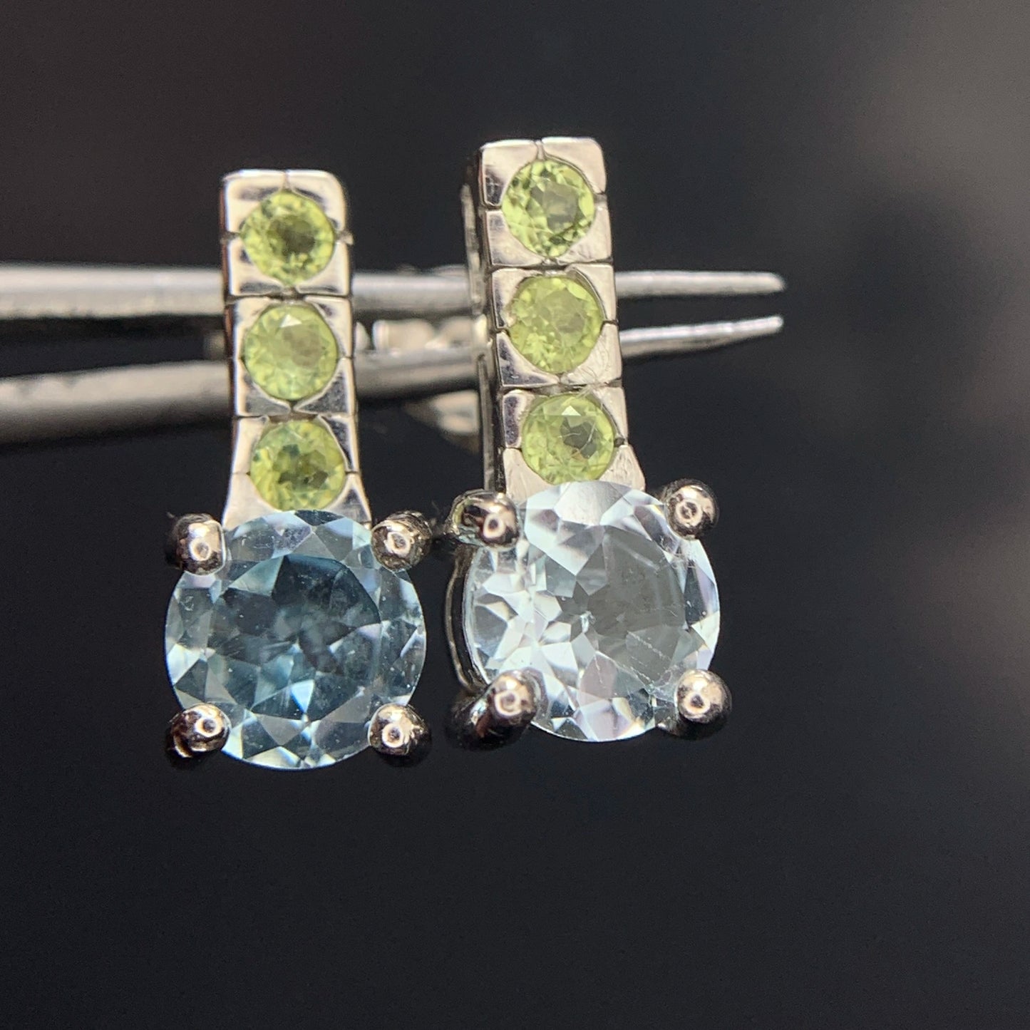 16.33CT Swiss Blue Topaz | Peridot Ear Studs in 925 Silver|Rhodium Plated