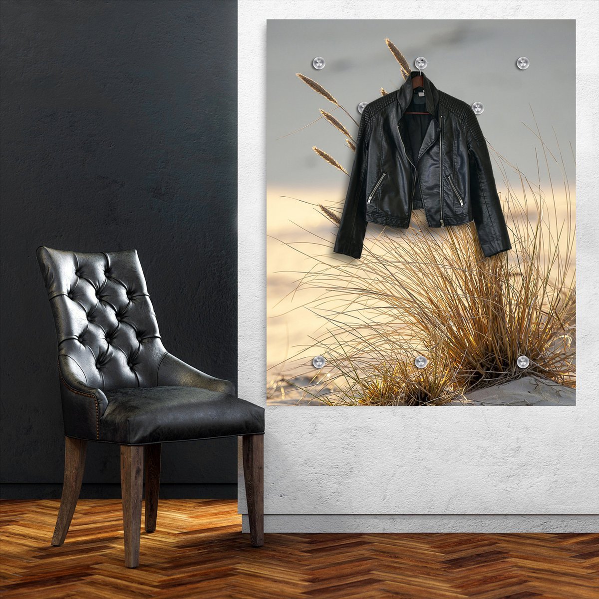Design Wandkapstok “Bent Grass” – Acrylglas Kapstok met Duingras-print & Aluminium Frame, Inclusief Haken en Schroeven