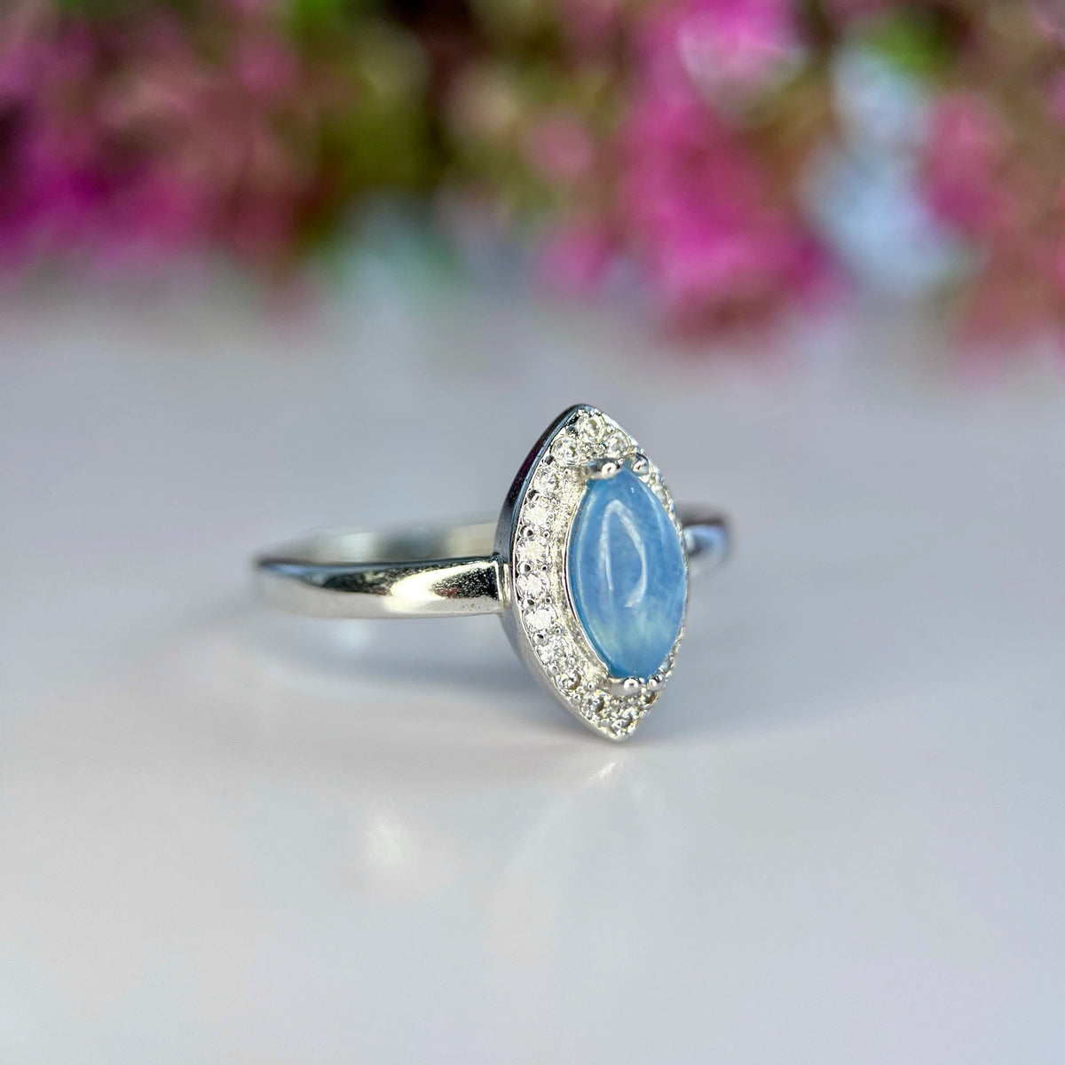 Natuurlijke Aquamarijn Ring met Zirkonia – Rhodium Plated