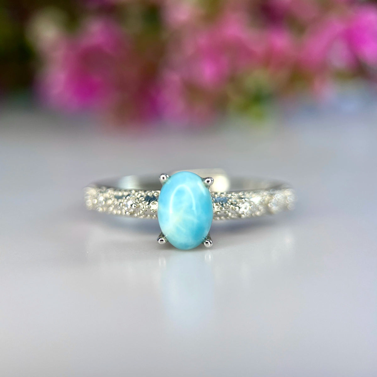 Natuurlijke Larimar Ring met Zirkonia – Rhodium Plated