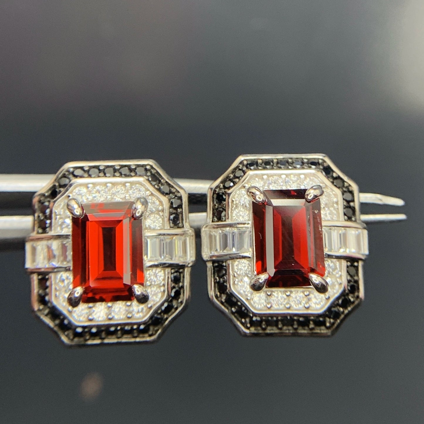 25.64 CT Natural Garnet with Spinel Ear Studs in 925 Silver|Rhodium Plated