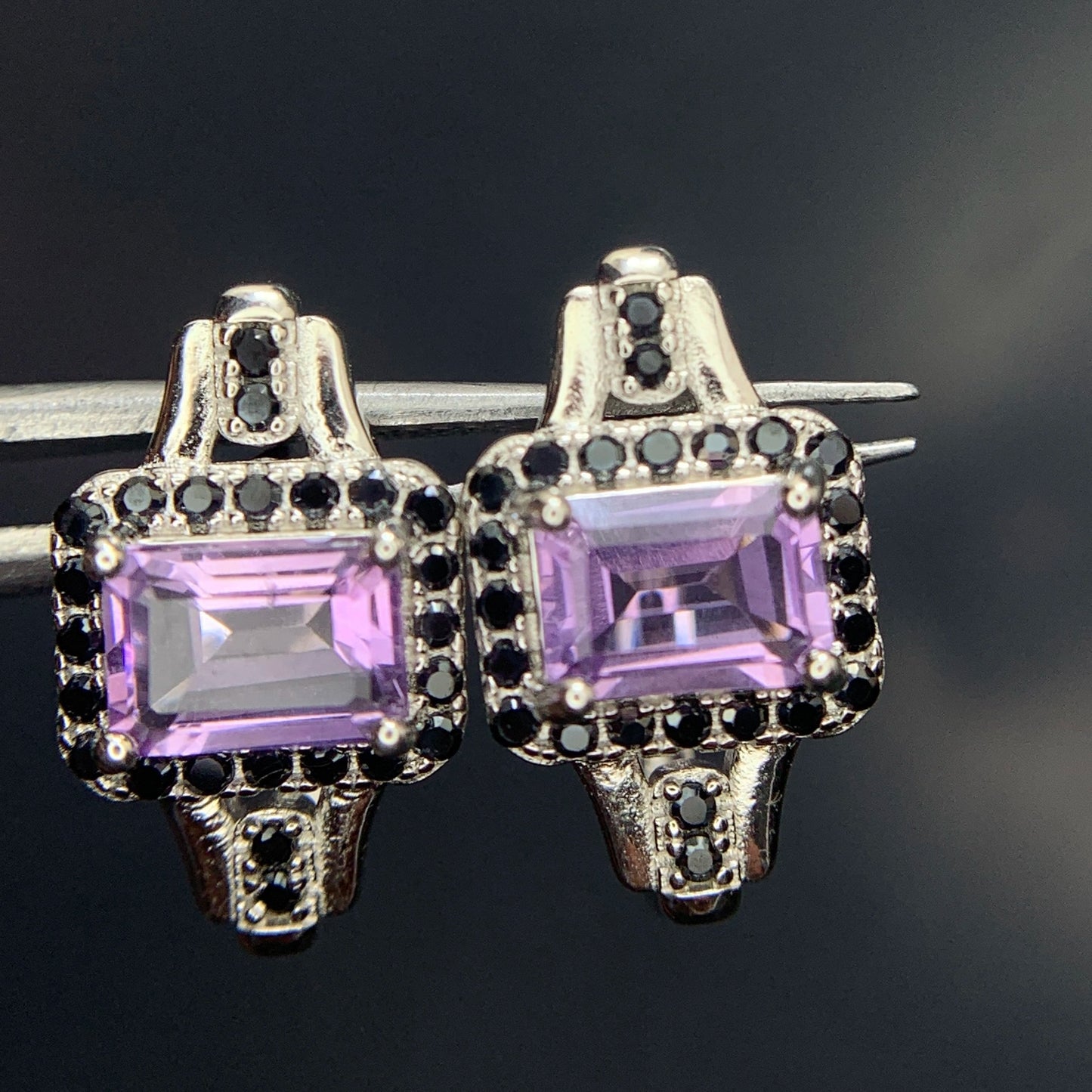 24.84CT Natural Amethyst with Spinel Ear Studs in 925 Silver|Rhodium Plated
