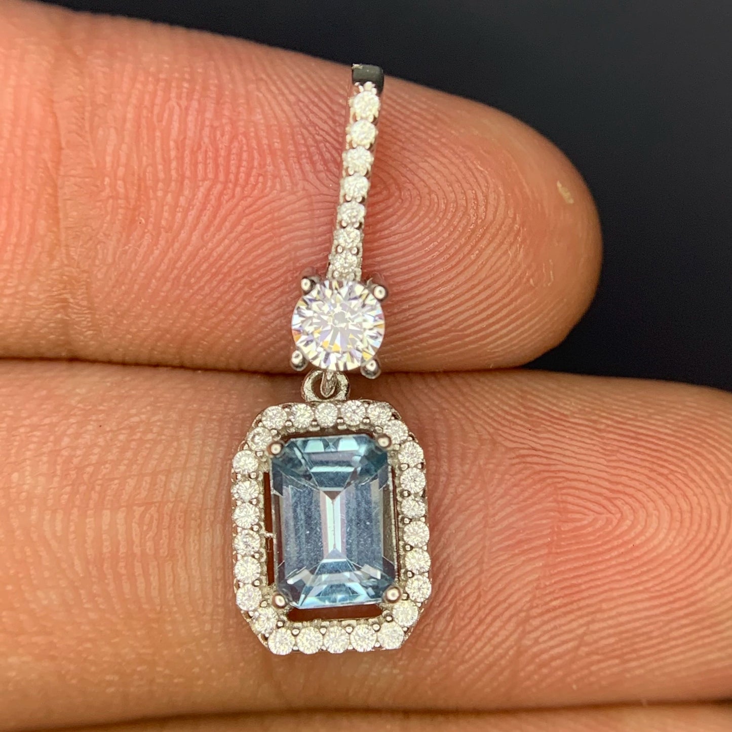 9.64 CT Swiss Blue Topaz with CZ Pendant in 925 Silver|Rhodium Plated