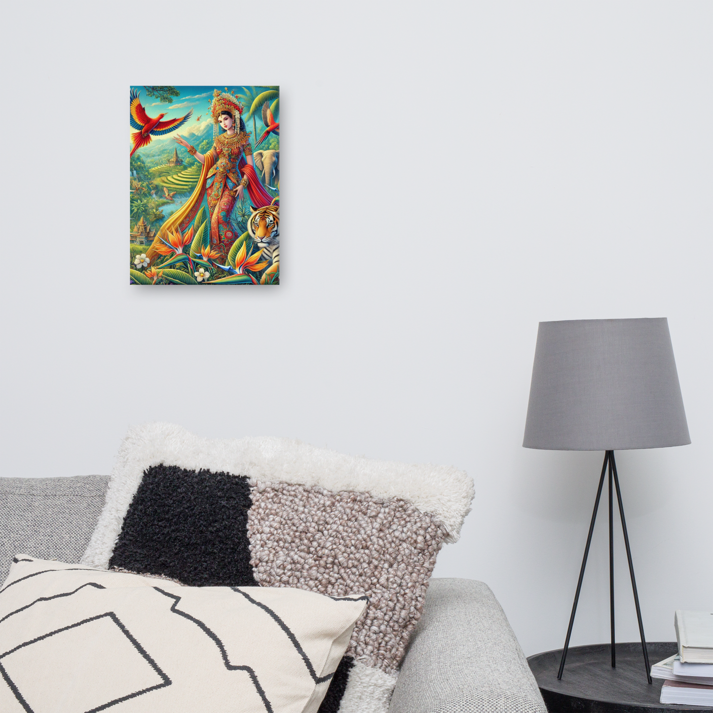 Prachtige Canvas Wanddecoratie - Kleurrijke Indonesische Scene met Dieren en Natuur