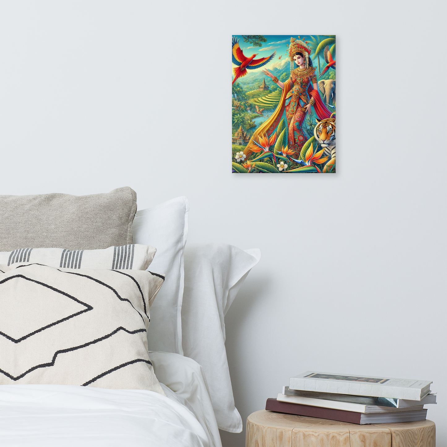 Prachtige Canvas Wanddecoratie - Kleurrijke Indonesische Scene met Dieren en Natuur