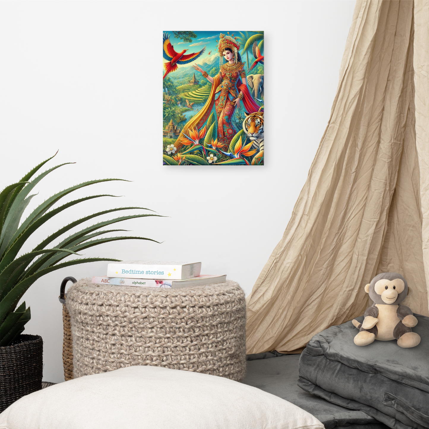 Prachtige Canvas Wanddecoratie - Kleurrijke Indonesische Scene met Dieren en Natuur
