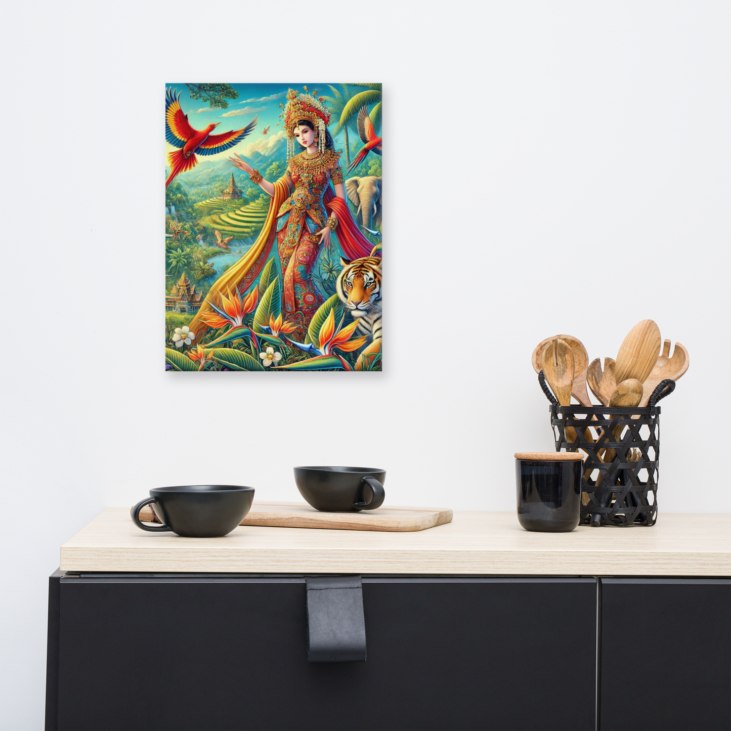 Prachtige Canvas Wanddecoratie - Kleurrijke Indonesische Scene met Dieren en Natuur