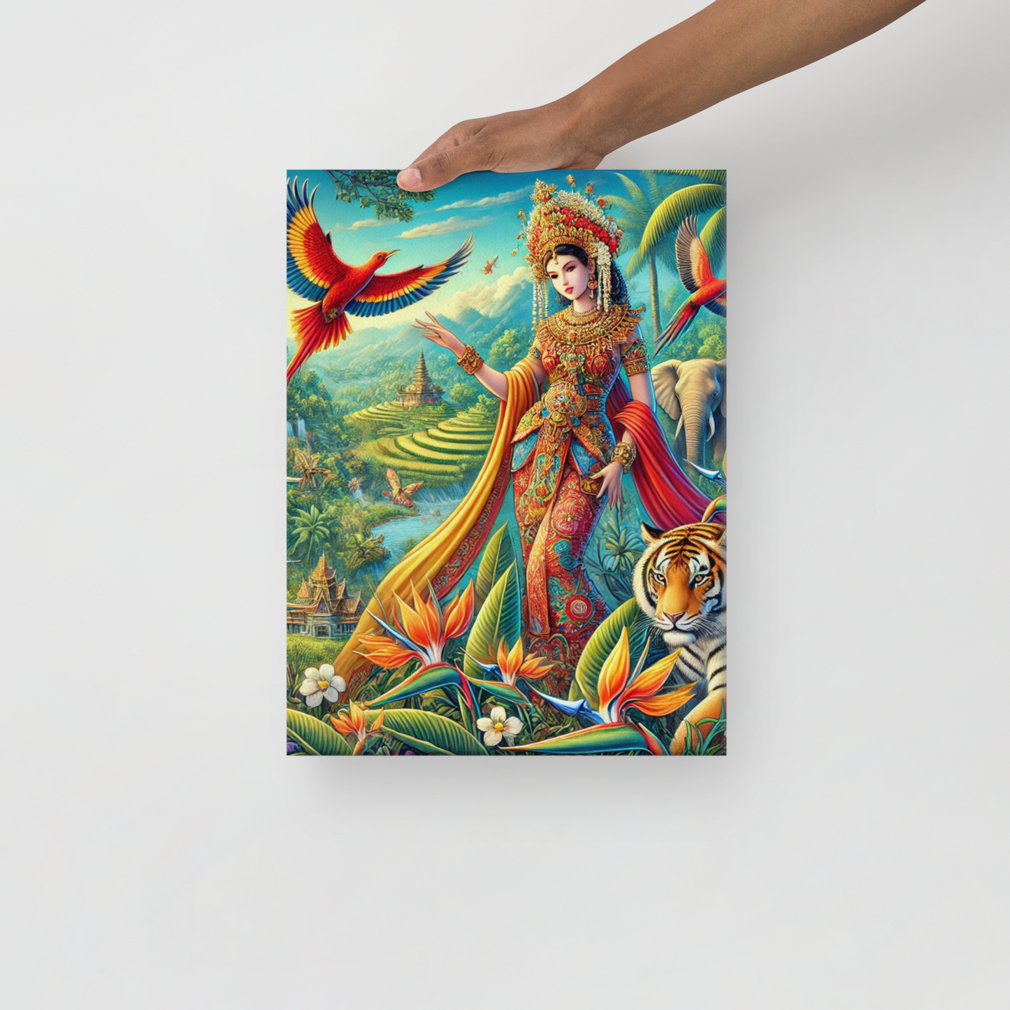 Prachtige Canvas Wanddecoratie - Kleurrijke Indonesische Scene met Dieren en Natuur