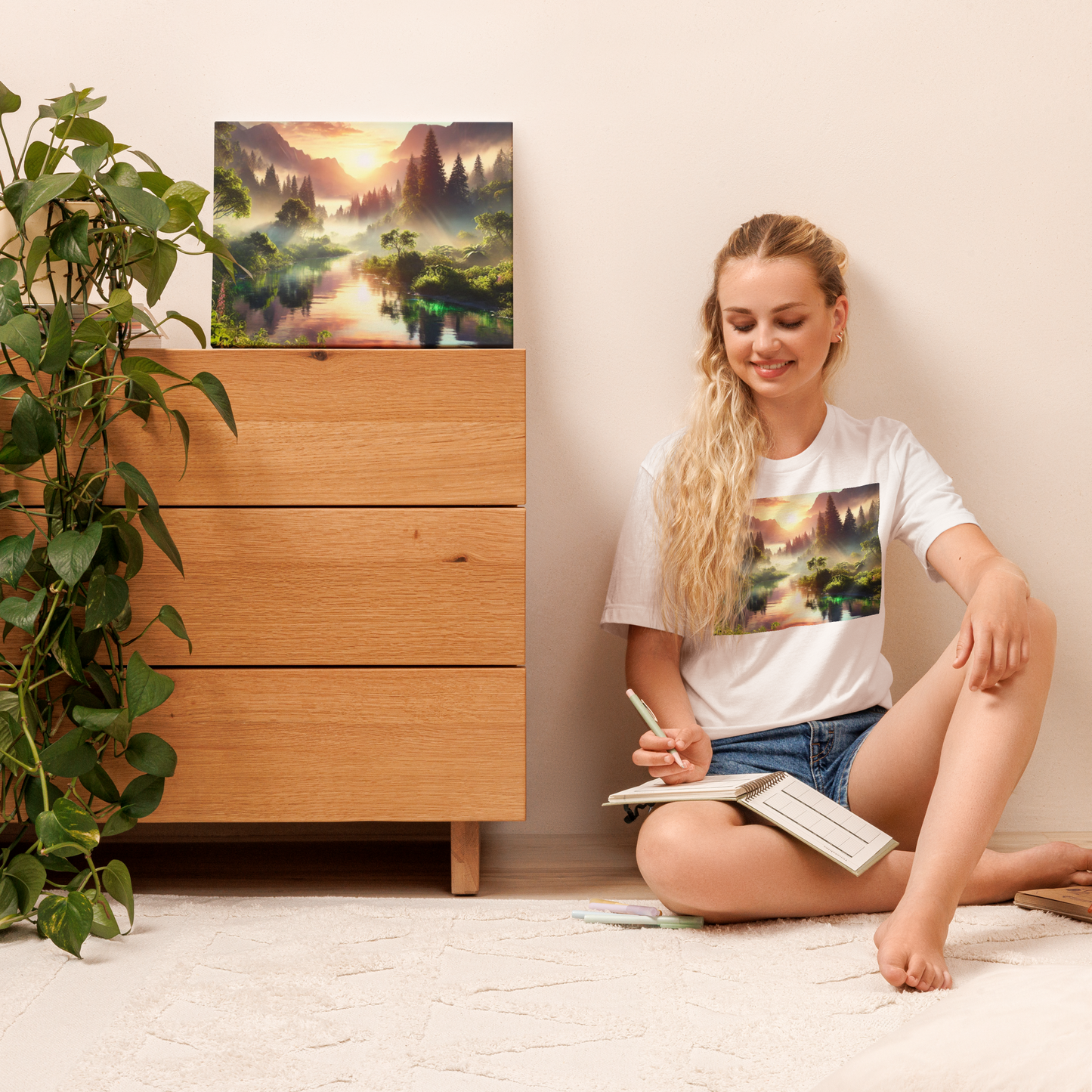 Adembenemend Landschap Canvas Wanddecoratie – Rustgevende Zonsondergang in de Bergen