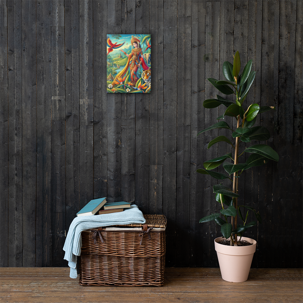 Prachtige Canvas Wanddecoratie - Kleurrijke Indonesische Scene met Dieren en Natuur
