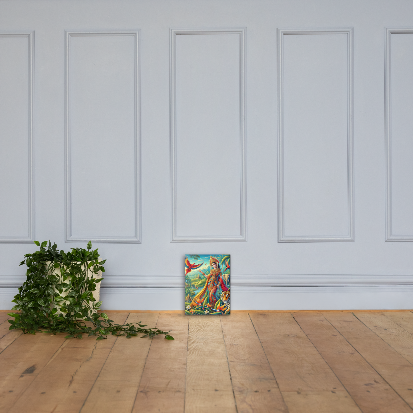 Prachtige Canvas Wanddecoratie - Kleurrijke Indonesische Scene met Dieren en Natuur