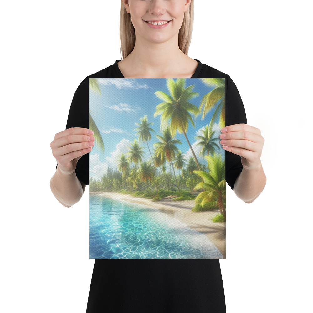 Canvas Wanddecoratie - Rustgevend Strand met Heldere Zee en Palmbomen - Premium Kwaliteit