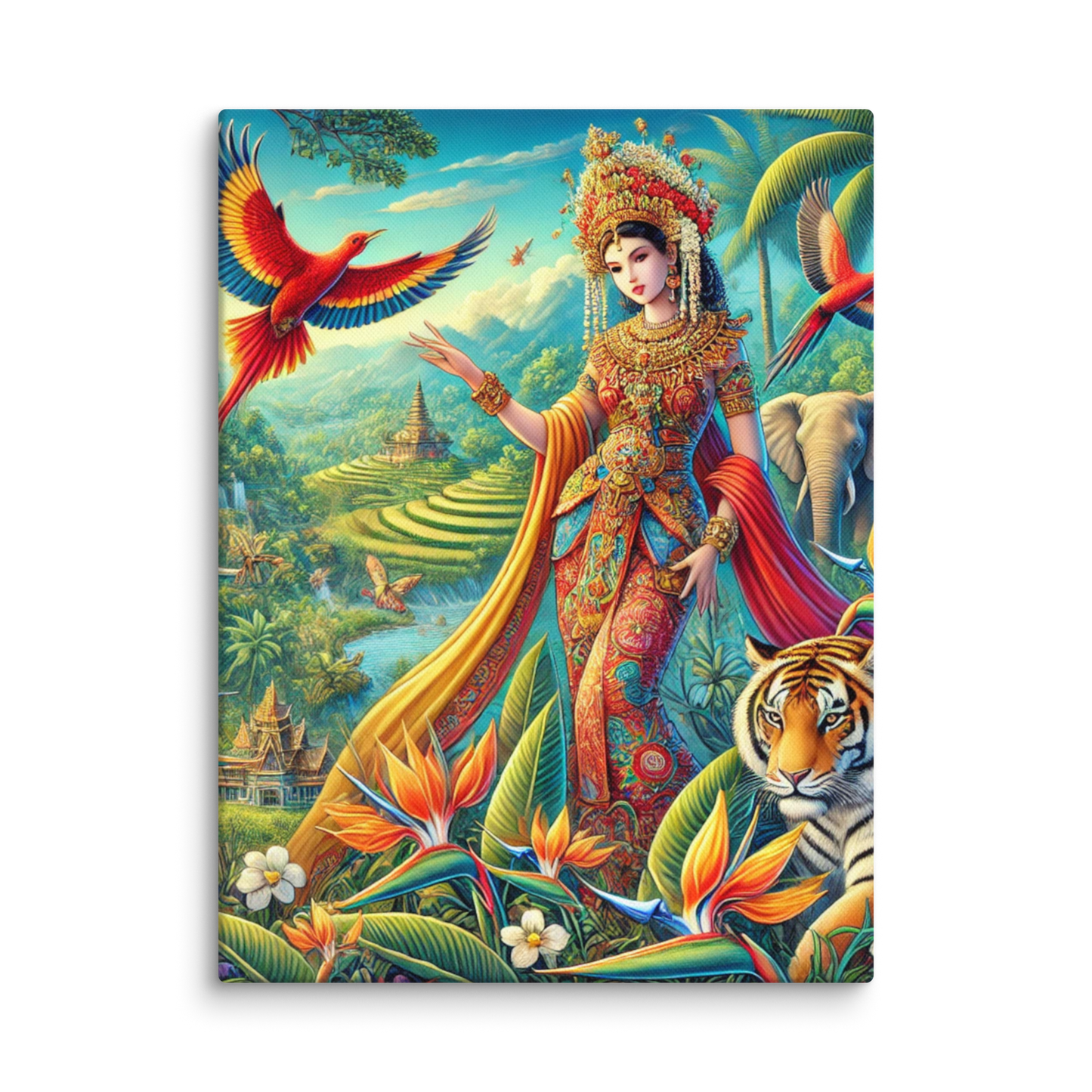 Prachtige Canvas Wanddecoratie - Kleurrijke Indonesische Scene met Dieren en Natuur