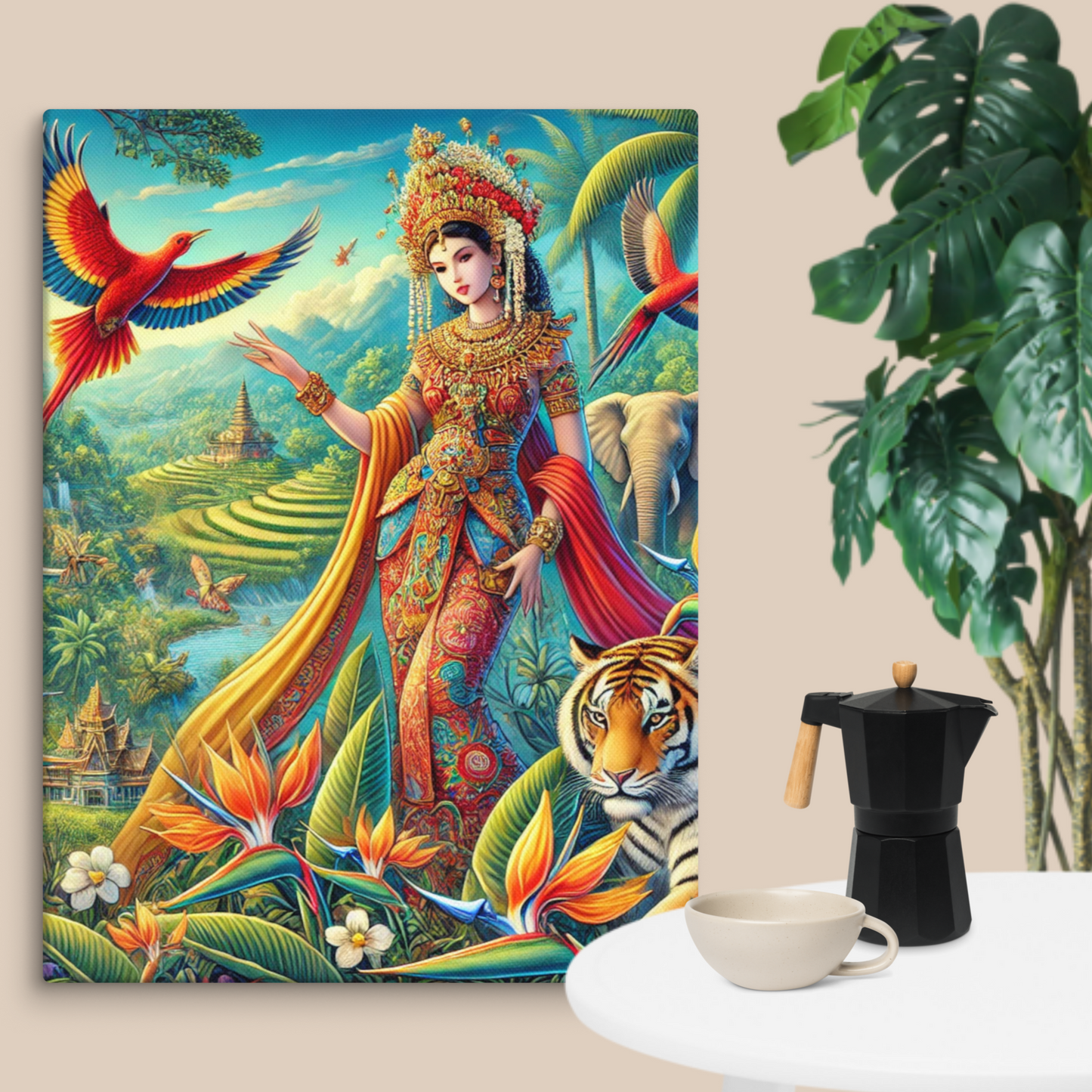 Prachtige Canvas Wanddecoratie - Kleurrijke Indonesische Scene met Dieren en Natuur