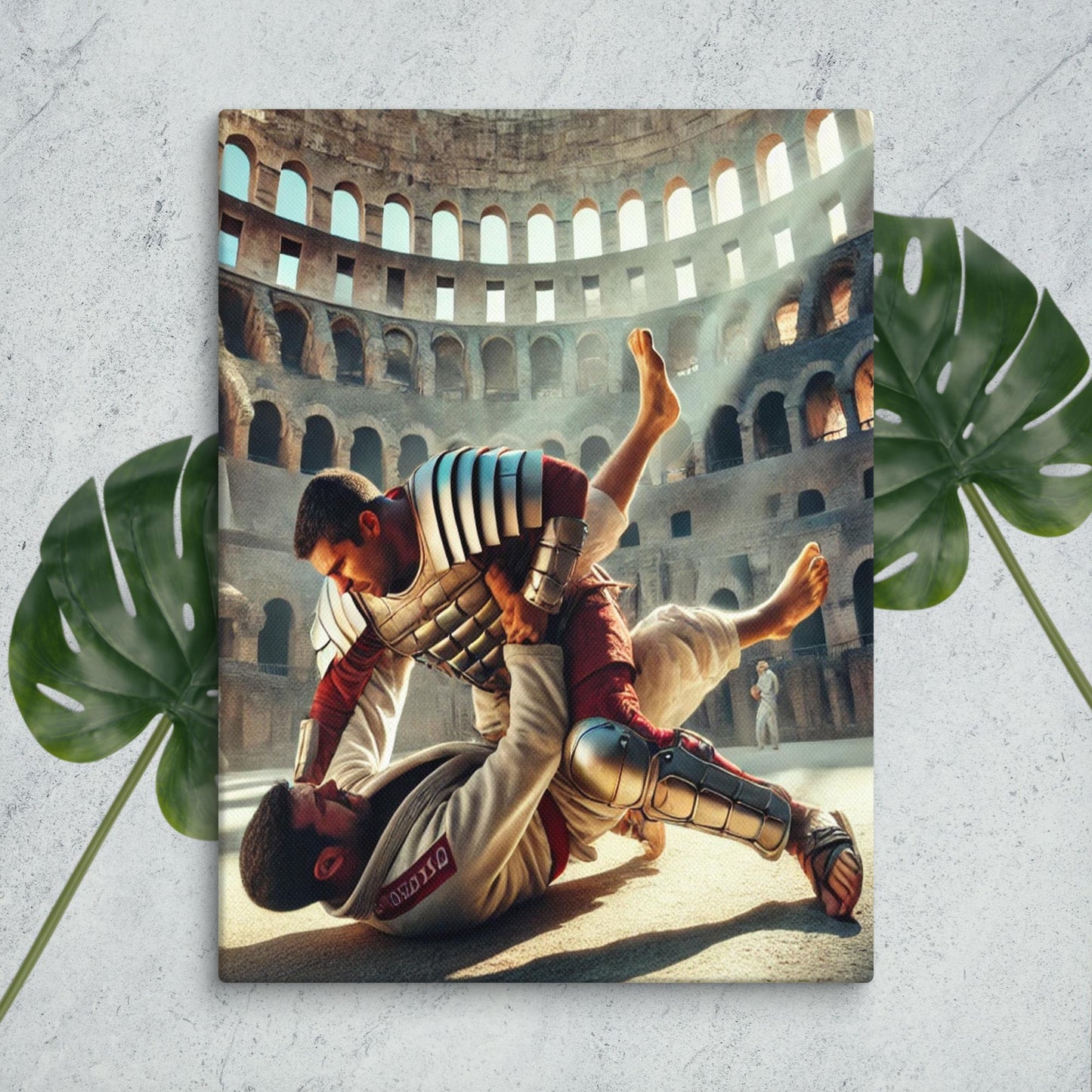 Canvas Schilderij - Braziliaanse Jiu Jitsu vs Spartaan Gevecht in het Colosseum - Krachtige en Historische Wanddecoratie