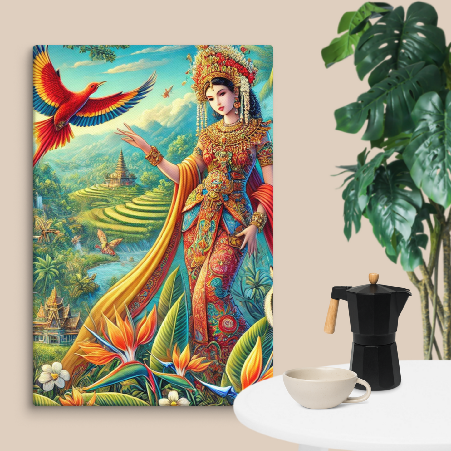 Prachtige Canvas Wanddecoratie - Kleurrijke Indonesische Scene met Dieren en Natuur