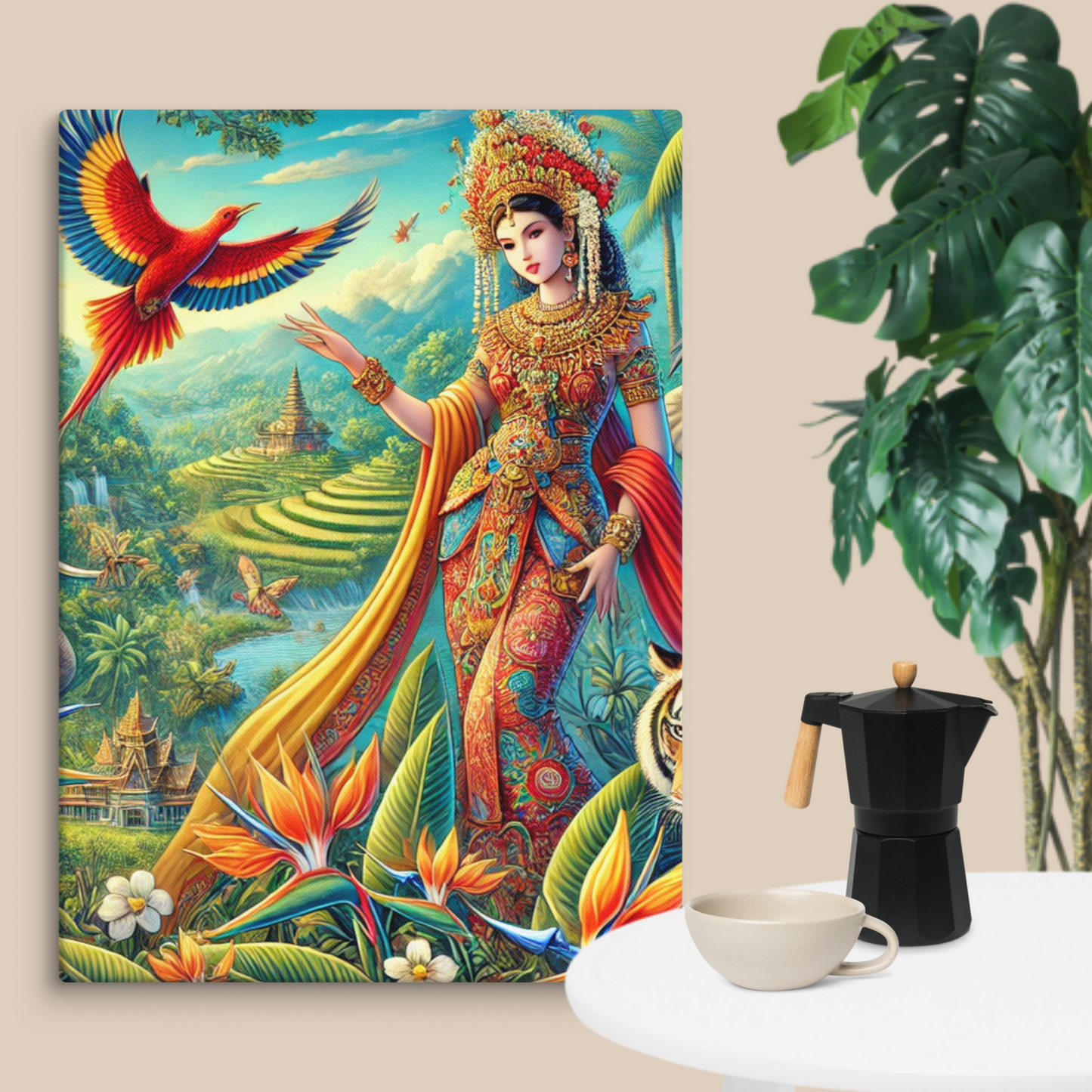 Prachtige Canvas Wanddecoratie - Kleurrijke Indonesische Scene met Dieren en Natuur