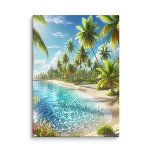 Canvas Wanddecoratie - Rustgevend Strand met Heldere Zee en Palmbomen - Premium Kwaliteit