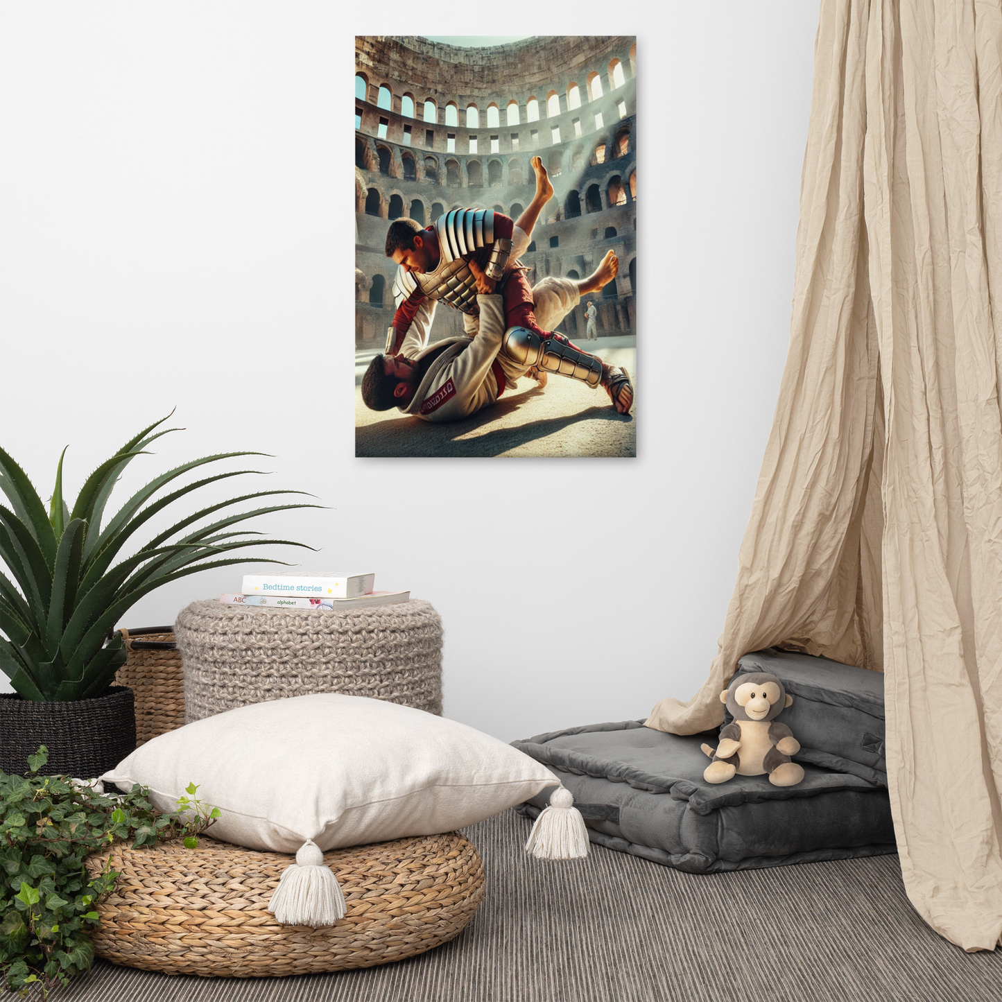 Canvas Schilderij - Braziliaanse Jiu Jitsu vs Spartaan Gevecht in het Colosseum - Krachtige en Historische Wanddecoratie
