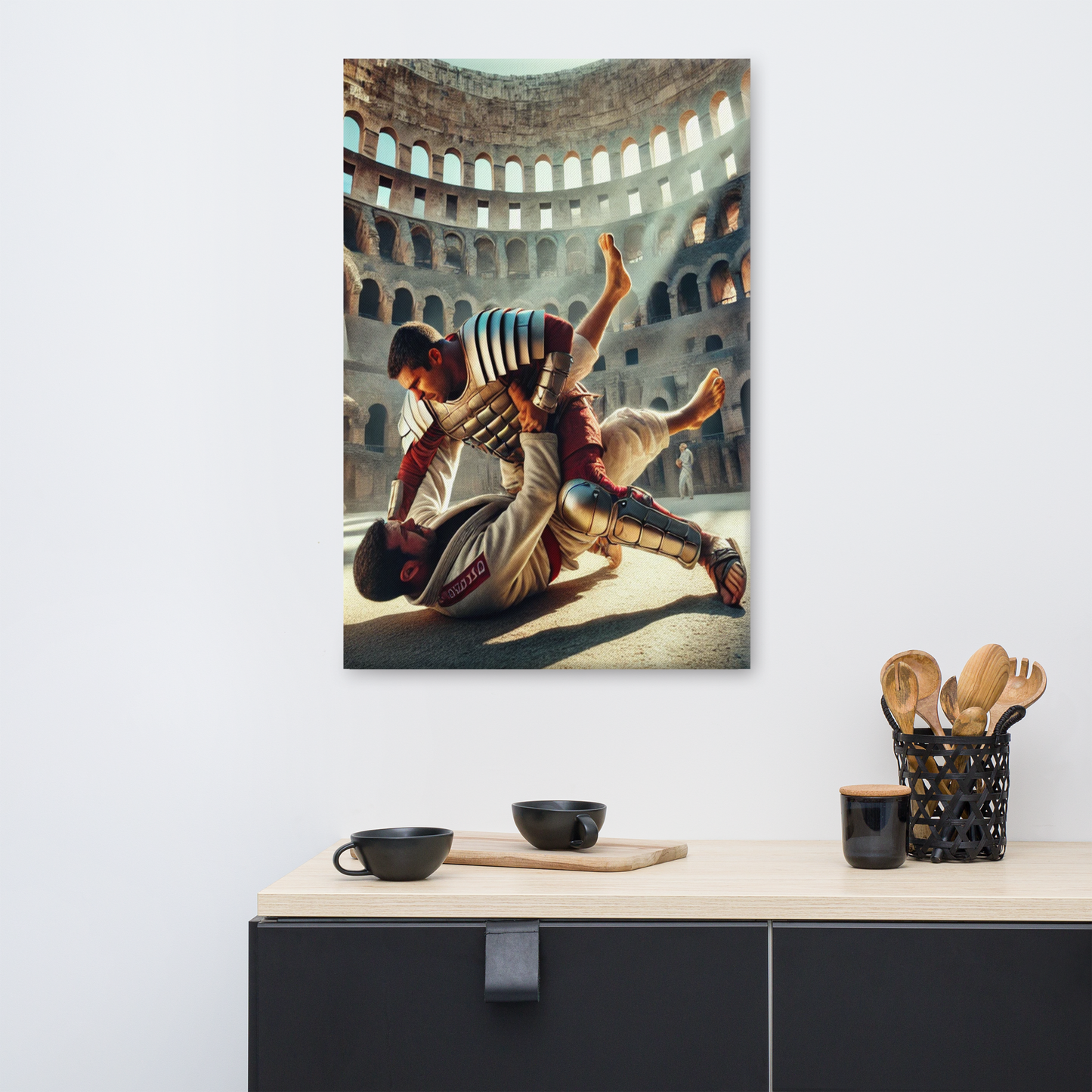 Canvas Schilderij - Braziliaanse Jiu Jitsu vs Spartaan Gevecht in het Colosseum - Krachtige en Historische Wanddecoratie