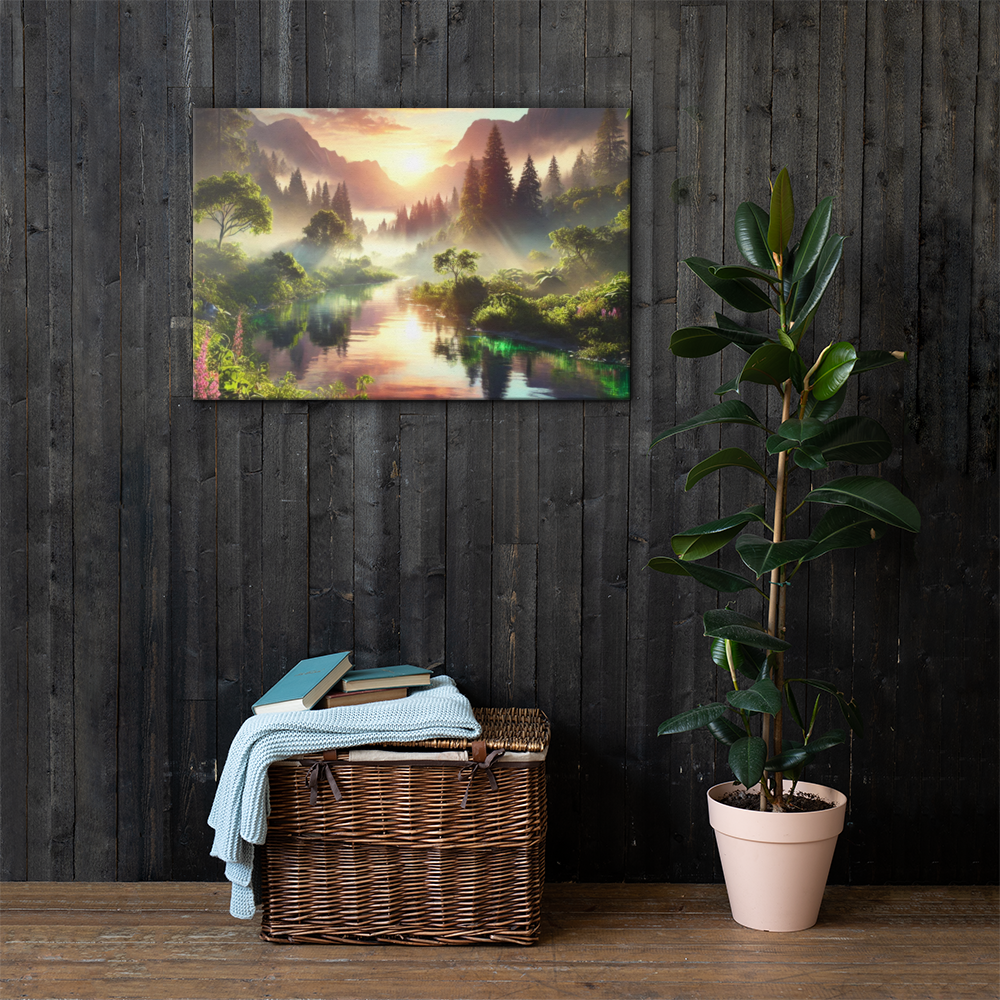Adembenemend Landschap Canvas Wanddecoratie – Rustgevende Zonsondergang in de Bergen