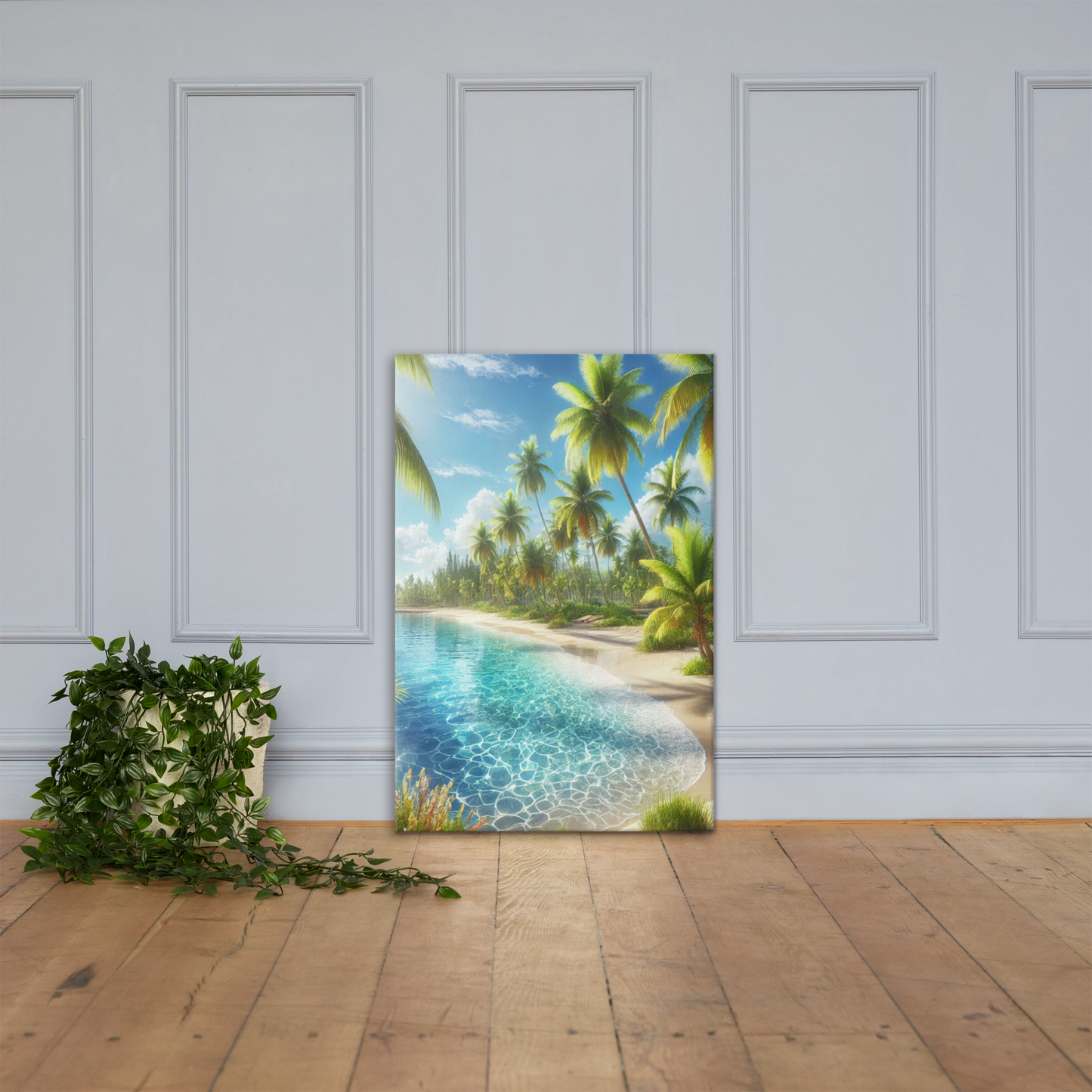 Canvas Wanddecoratie - Rustgevend Strand met Heldere Zee en Palmbomen - Premium Kwaliteit