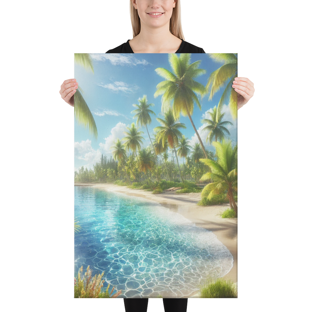 Canvas Wanddecoratie - Rustgevend Strand met Heldere Zee en Palmbomen - Premium Kwaliteit