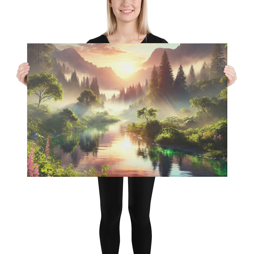Adembenemend Landschap Canvas Wanddecoratie – Rustgevende Zonsondergang in de Bergen