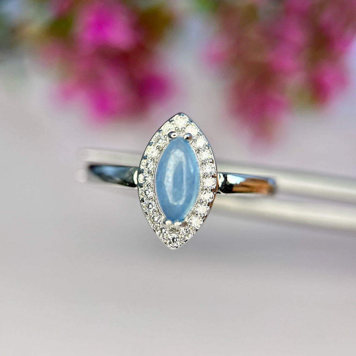 Natuurlijke Aquamarijn Ring met Zirkonia – Rhodium Plated