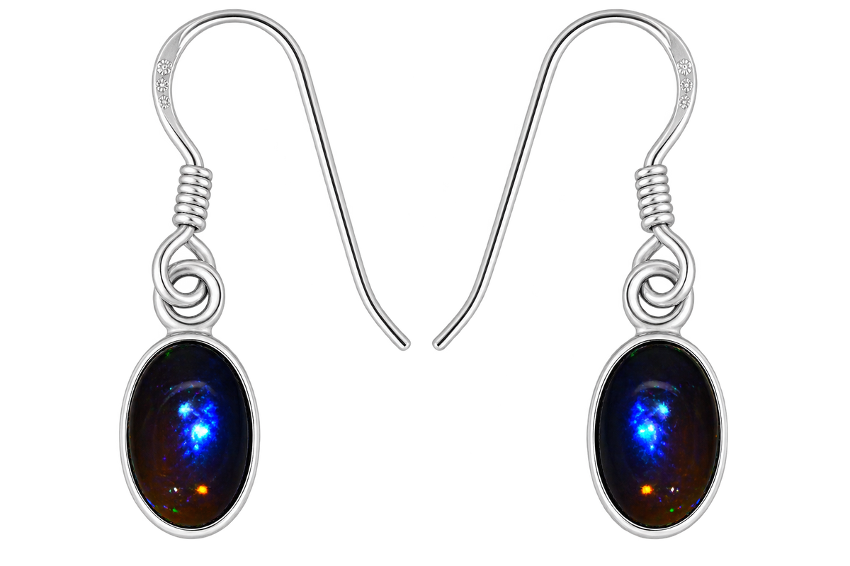 Oorbellen met zwarte Ethiopische opaal – ovaal, zwart, 925 sterling zilver