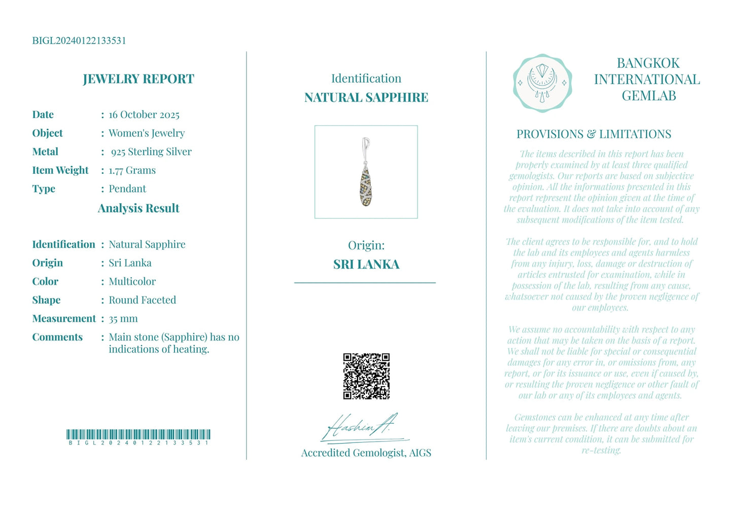 Gecertificeerde saffierhanger – 925 sterling zilver