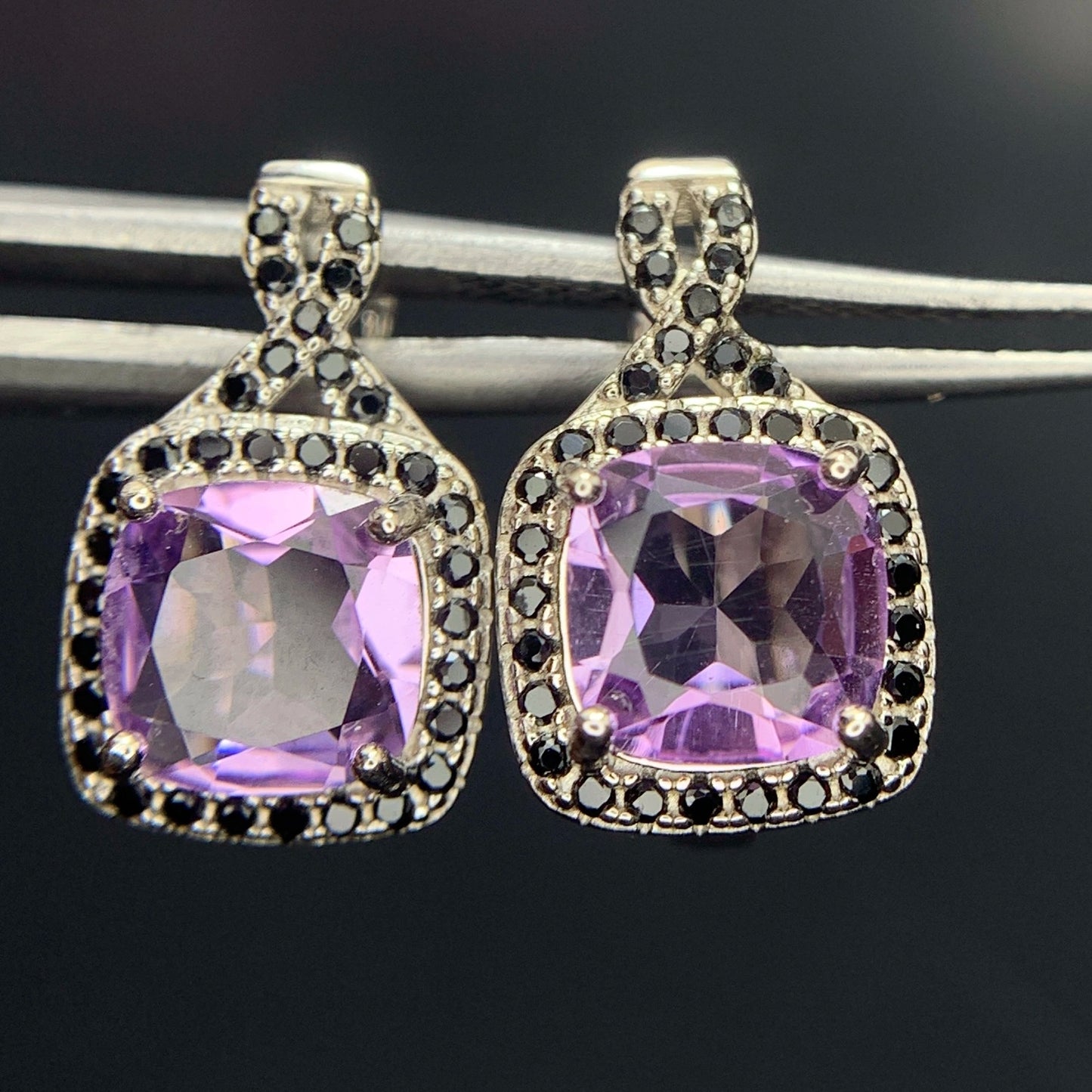 23.12CT Natural Amethyst with Spinel Ear Studs in 925 Silver|Rhodium Plated